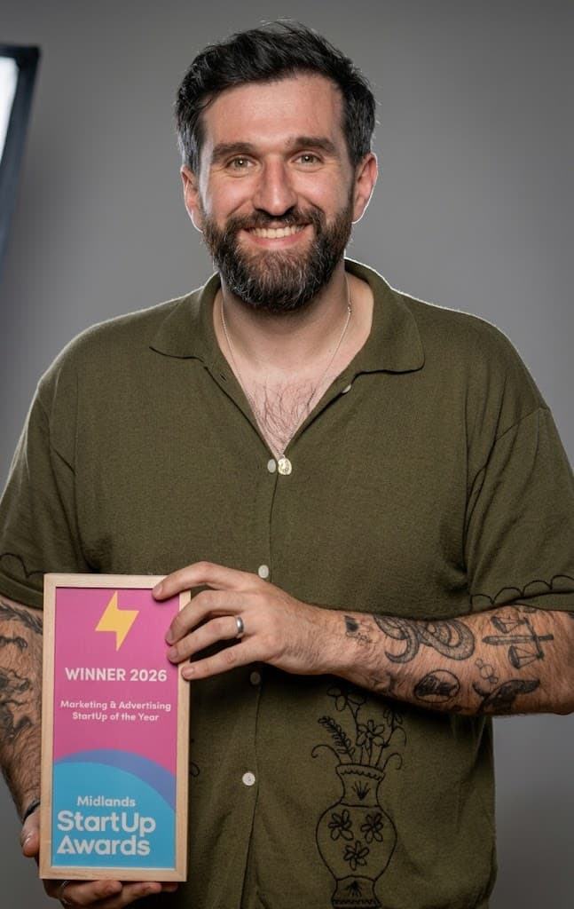 Nick 'Big Fish' Fisher with the Marketing & Advertising StartUp of the Year award at the Midlands StartUp Awards 2026